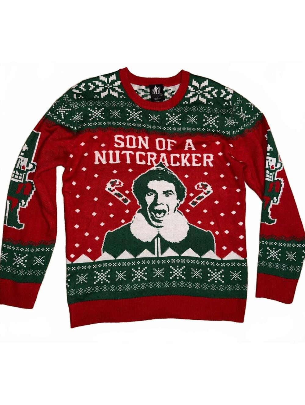 Son of a Nutcracker Elf Buddy the Elf Ugly Christmas Sweater sz L fun holiday